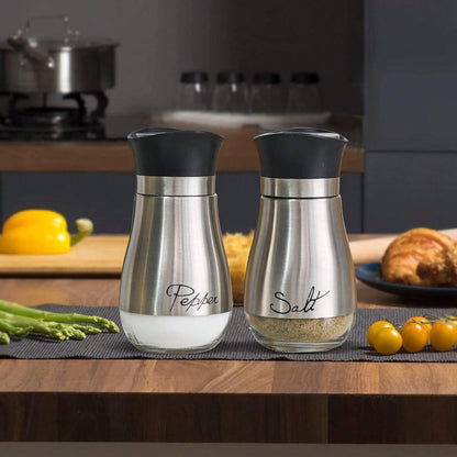 Salt & Pepper Shaker Set Glass Bottles with Stainless Trim
