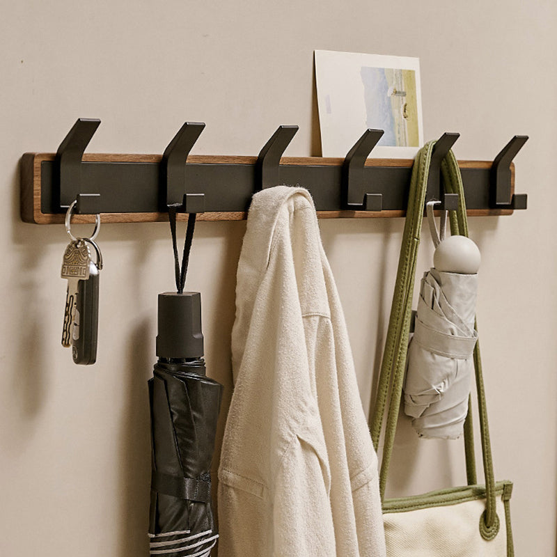 Wood & Black Metal Wall Hook Rail, Coat Rack for Bath, Kitchen, Hall