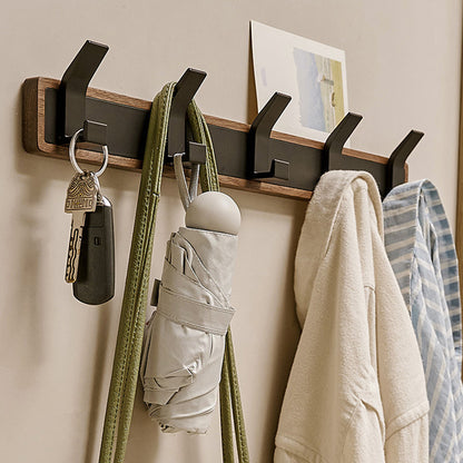 Wood & Black Metal Wall Hook Rail, Coat Rack for Bath, Kitchen, Hall