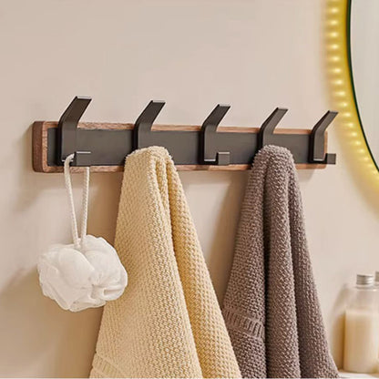 Wood & Black Metal Wall Hook Rail, Coat Rack for Bath, Kitchen, Hall