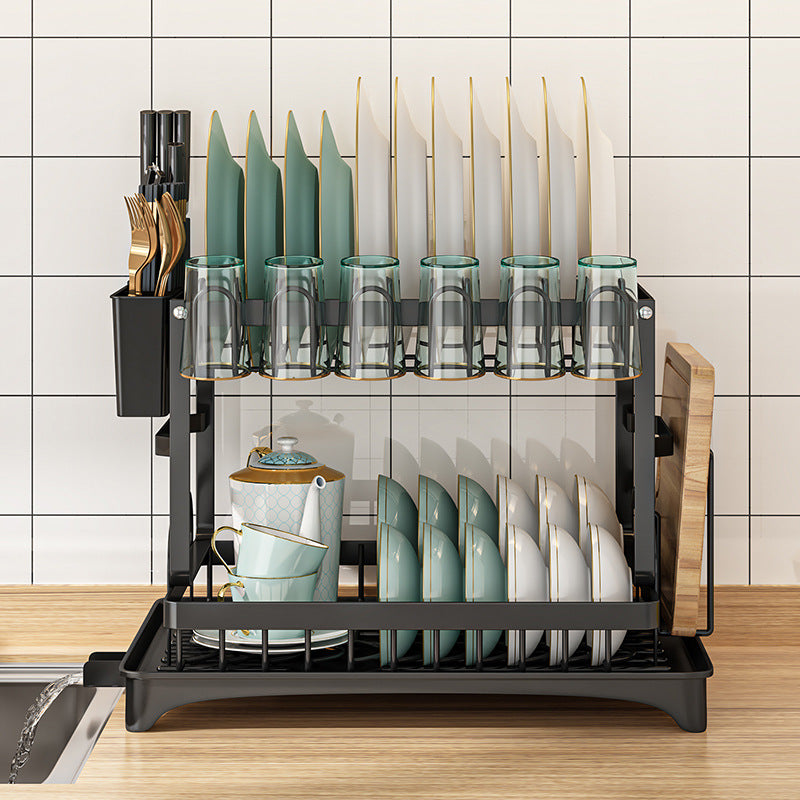 2-Tier Dish Drying Rack With Drainboard, Utensil & Cup Holder