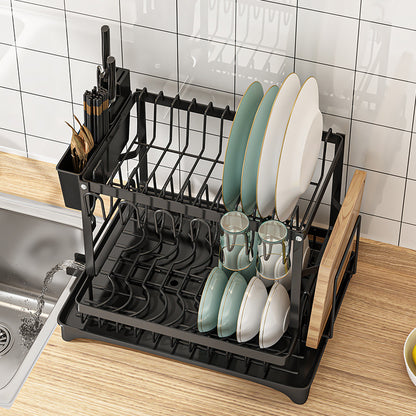 2-Tier Dish Drying Rack With Drainboard, Utensil & Cup Holder