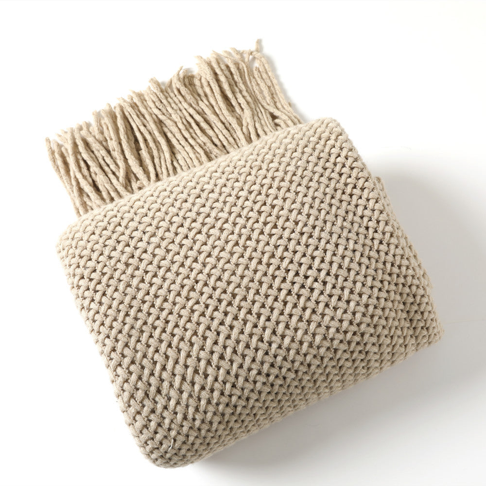 Cable Knit Throw Blanket with Tassels — Cozy Khaki Sofa Throw