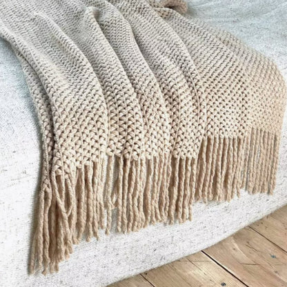 Cable Knit Throw Blanket with Tassels — Cozy Khaki Sofa Throw