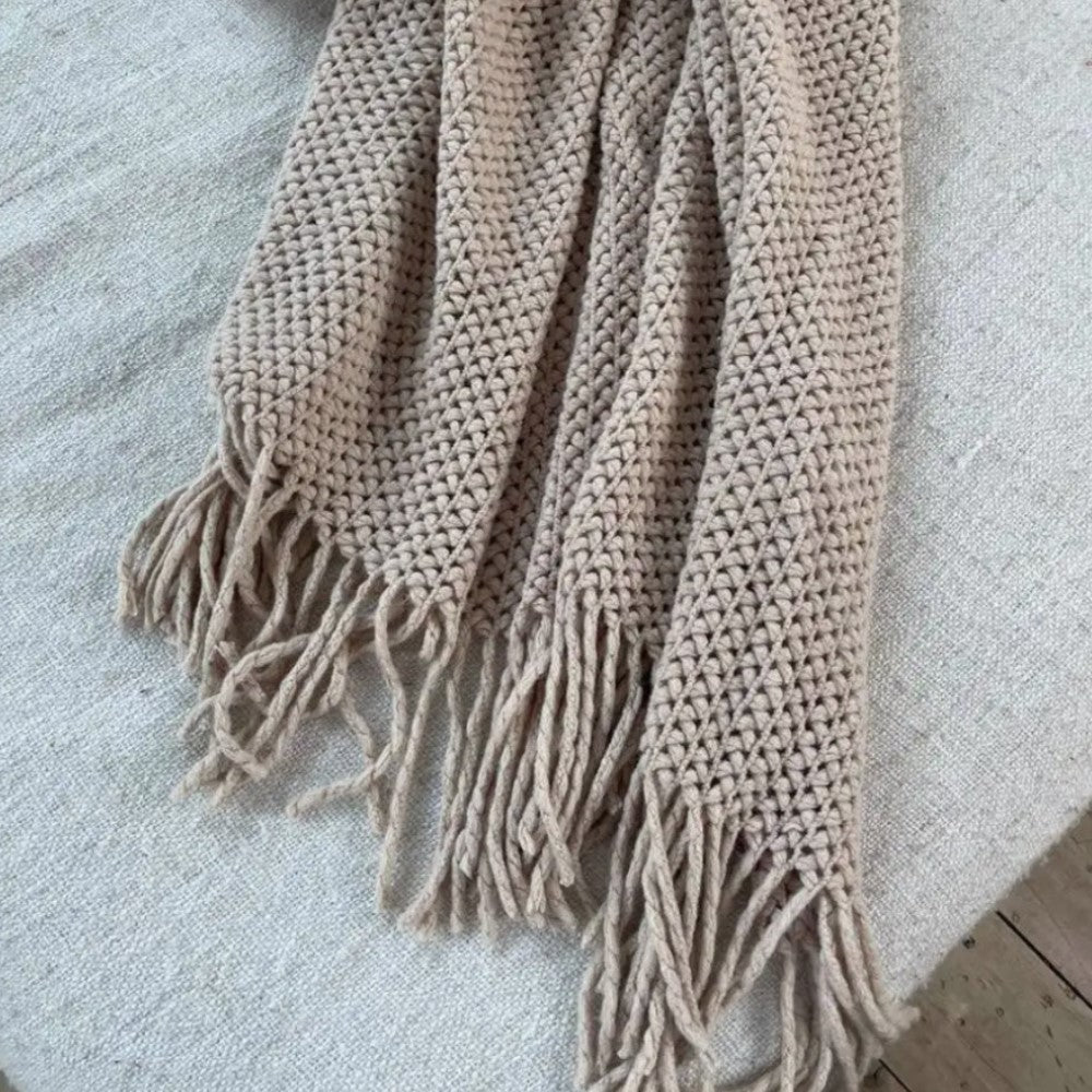 Cable Knit Throw Blanket with Tassels — Cozy Khaki Sofa Throw