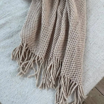 Cable Knit Throw Blanket with Tassels — Cozy Khaki Sofa Throw