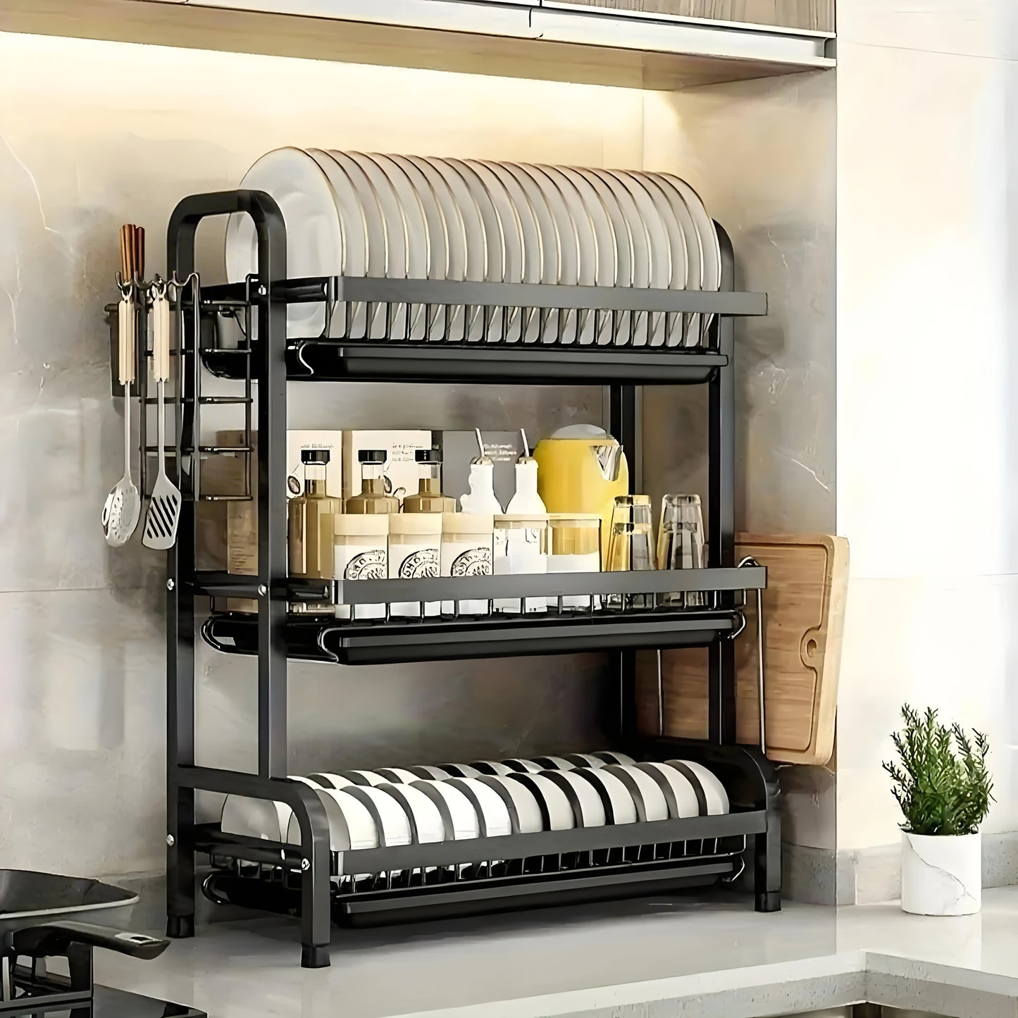 3-Tier Dish Drying Rack, Vertical Kitchen Plate & Cup Storage