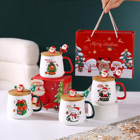 Christmas Ceramic Mug With Lid and Spoon, Holiday Gift Cup