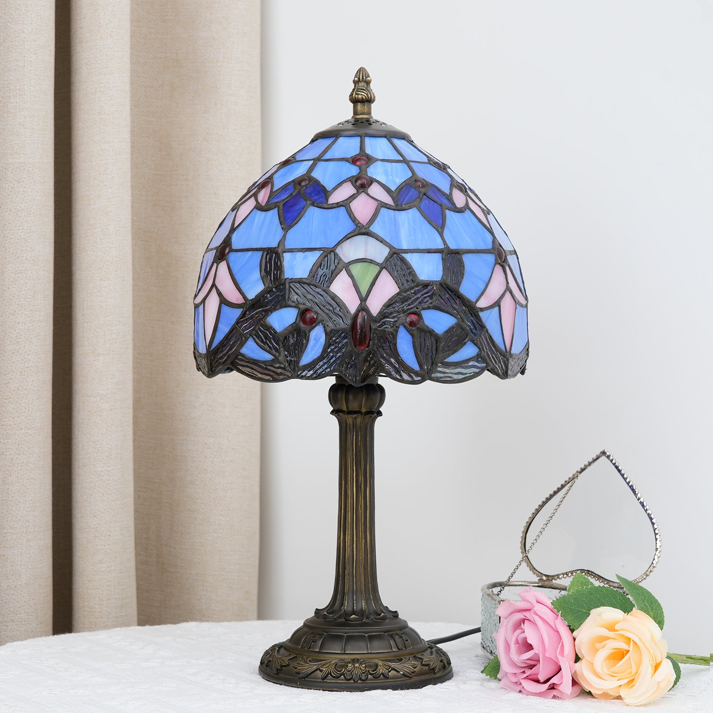 Stained Glass Table Lamp - Tiffany-Style Blue Bedside Desk Lamp