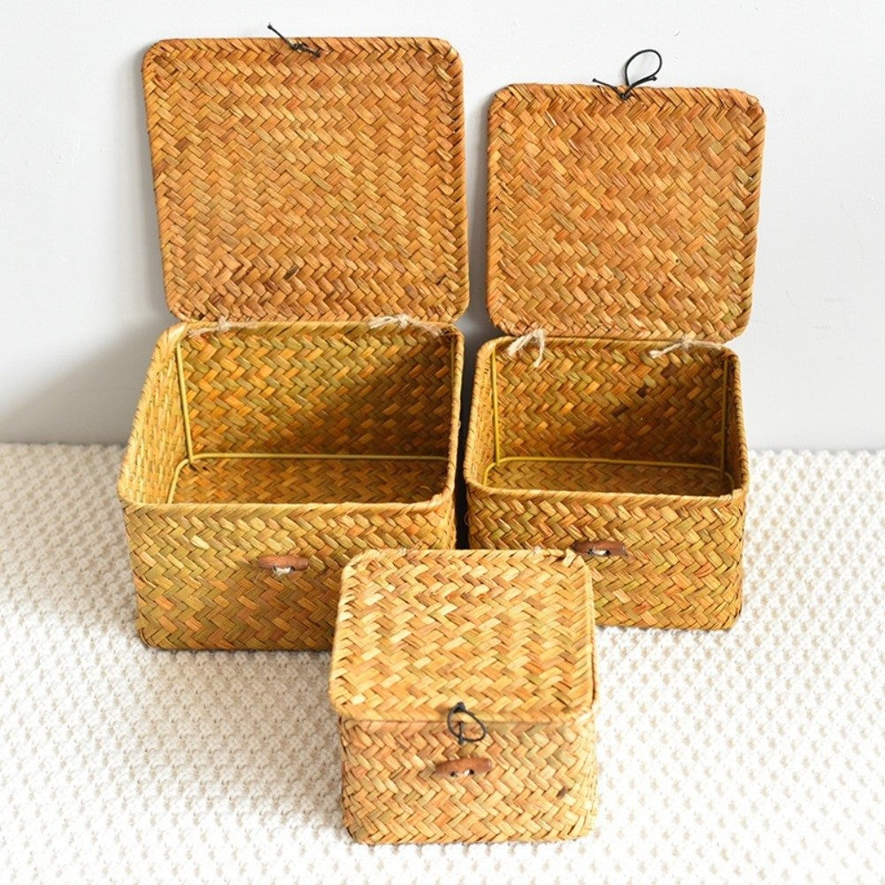 Seagrass Storage Baskets with Lids, Set of 3 Woven Bins