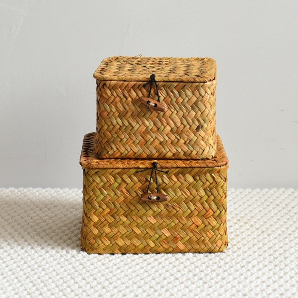 Seagrass Storage Baskets with Lids, Set of 3 Woven Bins