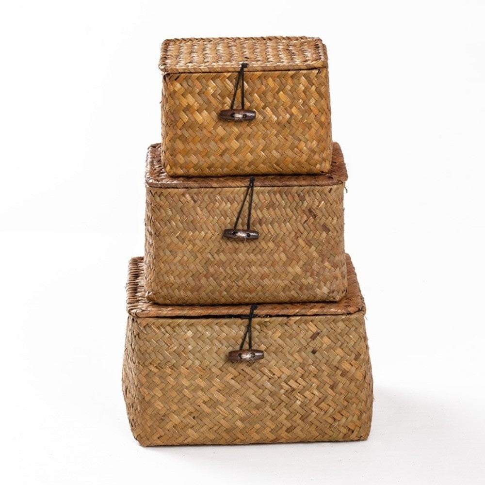 Seagrass Storage Baskets with Lids, Set of 3 Woven Bins