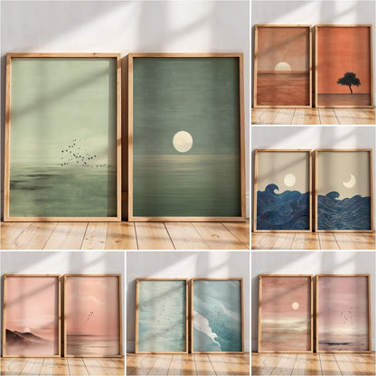 Minimalist Sunset Landscape Wall Art Prints, Boho Nature Decor