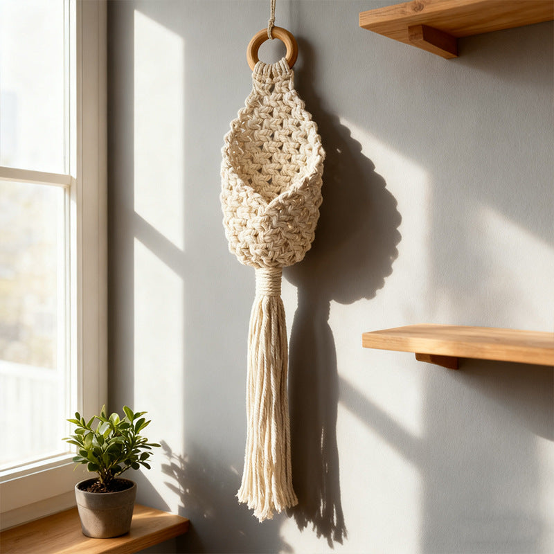 Macrame Hanging Plant Basket — Boho Cotton Wall Pouch Holder