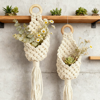 Macrame Hanging Plant Basket — Boho Cotton Wall Pouch Holder