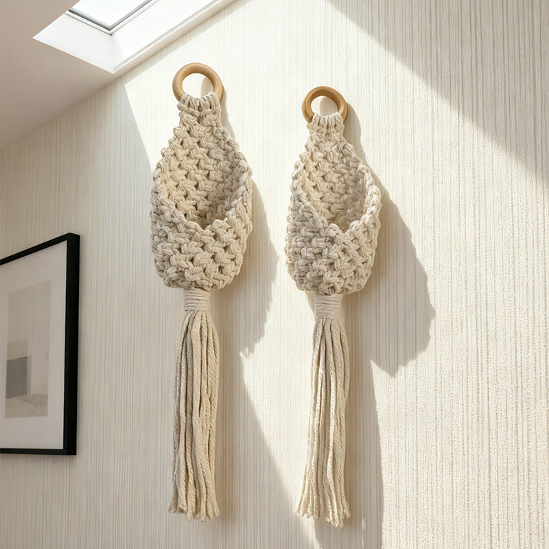 Macrame Hanging Plant Basket — Boho Cotton Wall Pouch Holder