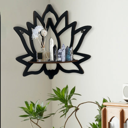Lotus Wooden Corner Shelf — Crystal & Aromatherapy Display Rack