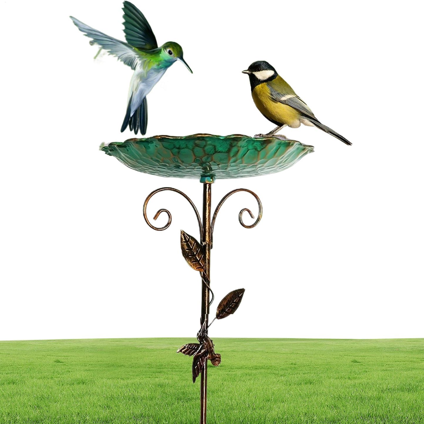 Outdoor Standing Bird Bath and Feeder Stake, Decorative Metal Garden B