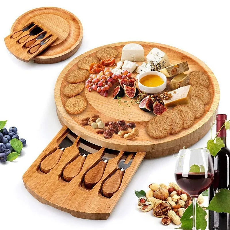 Bamboo Cheese Board & Knife Set — Swivel Charcuterie Platter with Tools