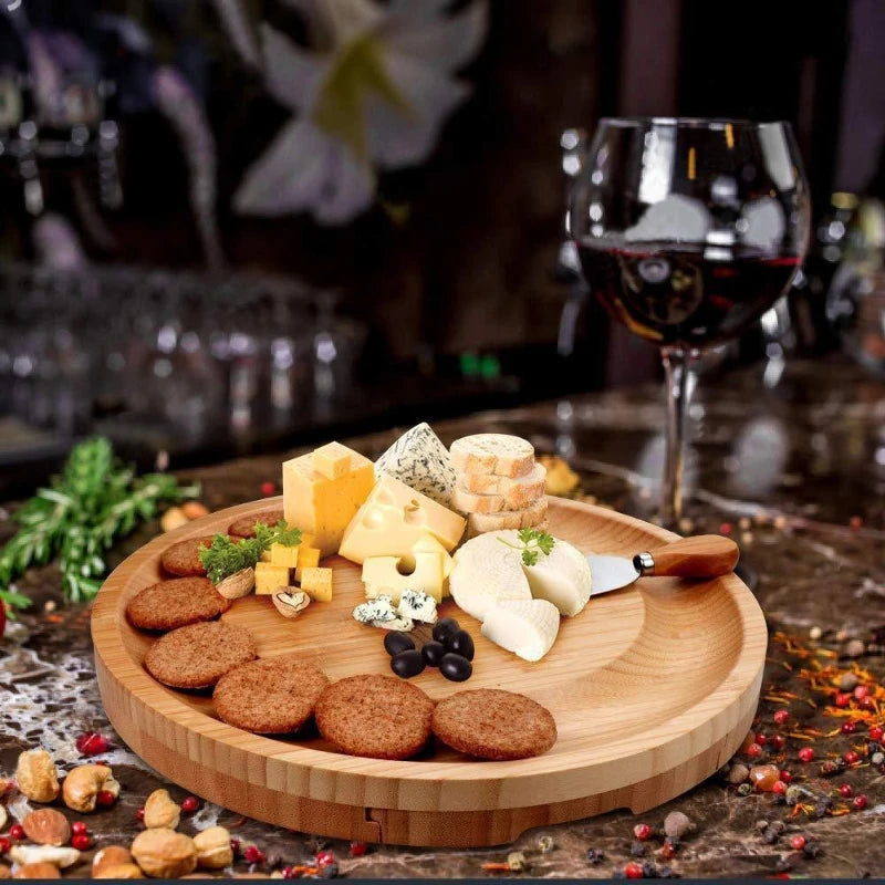 Bamboo Cheese Board & Knife Set — Swivel Charcuterie Platter with Tools