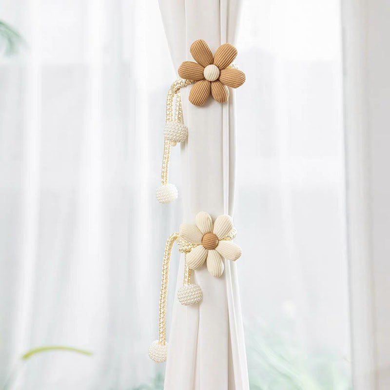 Daisy Flower Magnetic Curtain Tiebacks with Pearl Tassel (Set)
