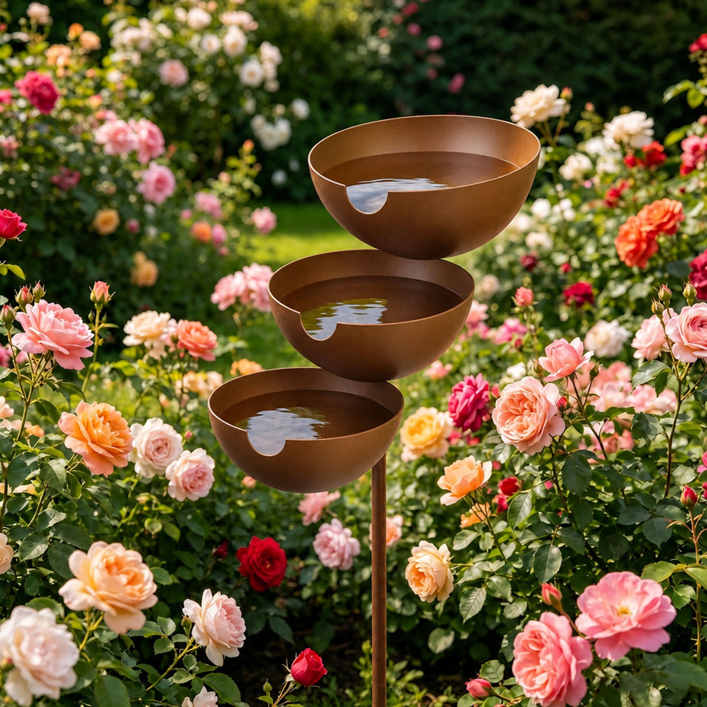3-Tier Bird Bath Garden Stake, Cascading Metal Bird Water Bowl Feeder