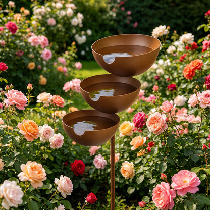 3-Tier Bird Bath Garden Stake, Cascading Metal Bird Water Bowl Feeder