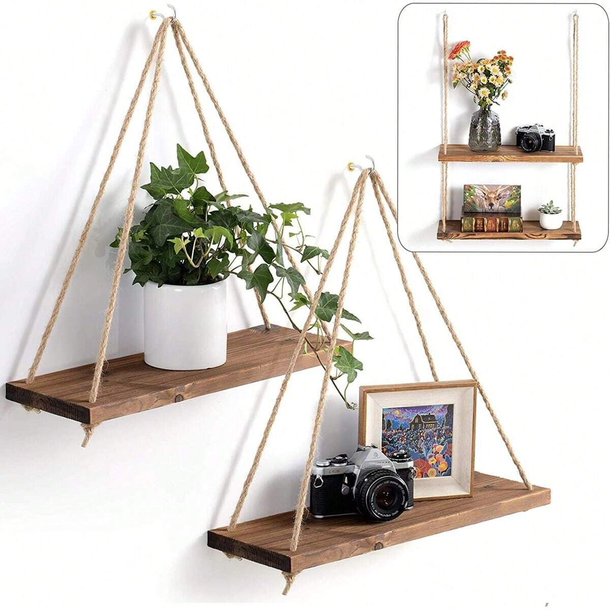 Hanging Rope Wall Shelf — Wood Swing Plant & Decor Display Rack