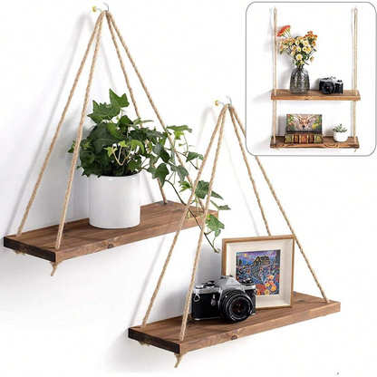 Hanging Rope Wall Shelf — Wood Swing Plant & Decor Display Rack