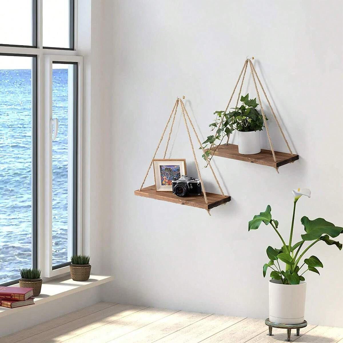 Hanging Rope Wall Shelf — Wood Swing Plant & Decor Display Rack