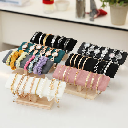 Wooden T-Bar Bracelet Display Rack, PU Leather & Velvet Holder