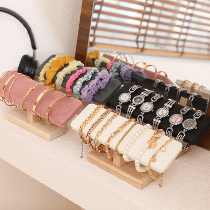 Wooden T-Bar Bracelet Display Rack, PU Leather & Velvet Holder