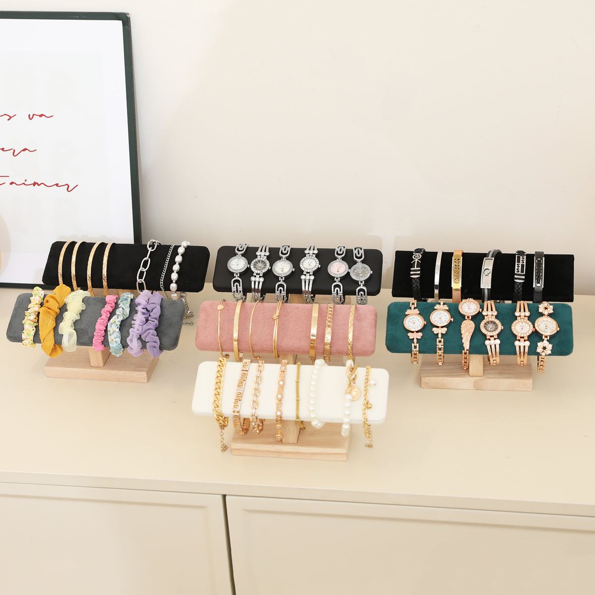 Wooden T-Bar Bracelet Display Rack, PU Leather & Velvet Holder