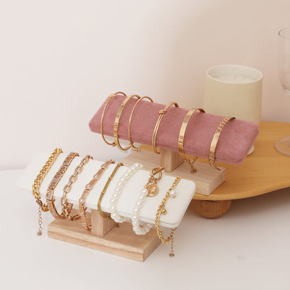Wooden T-Bar Bracelet Display Rack, PU Leather & Velvet Holder