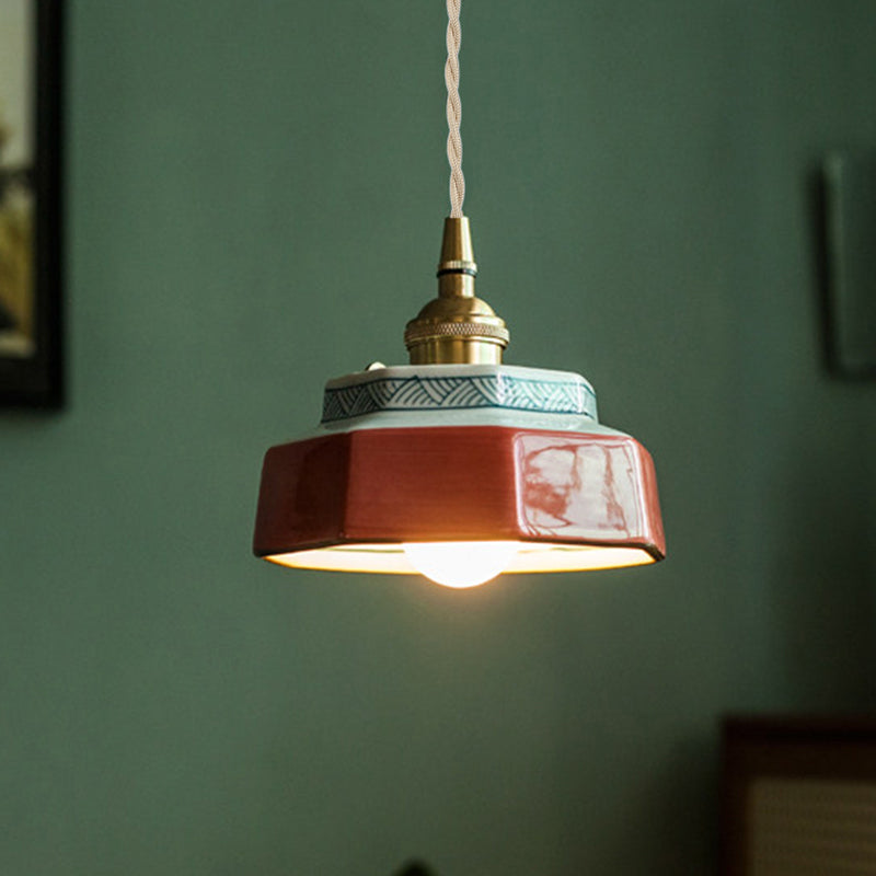Retro Ceramic Pendant Light with Hand-Painted Trim