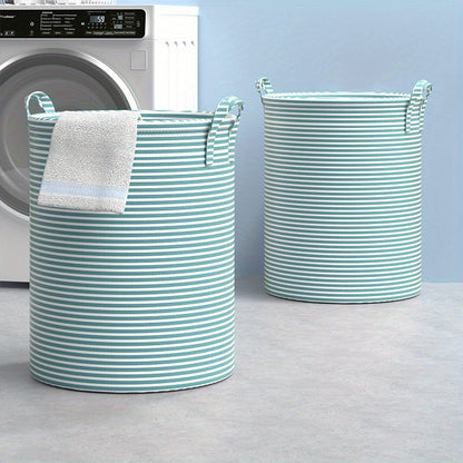 Collapsible Striped Laundry Hamper with Handles, Tall Cotton Basket