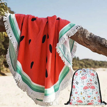 Watermelon Round Beach Towel with Drawstring Bag — Quick-Dry Microfiber Towel for Summer