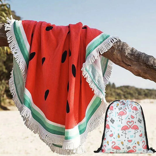 Watermelon Round Beach Towel with Drawstring Bag — Quick-Dry Microfiber Towel for Summer