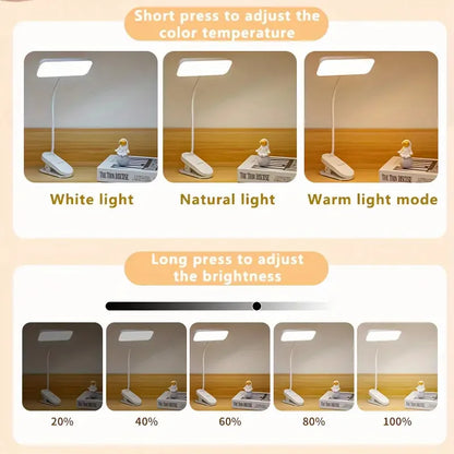 Clip-On LED Desk Lamp USB Rechargeable Dual-Head Reading Light