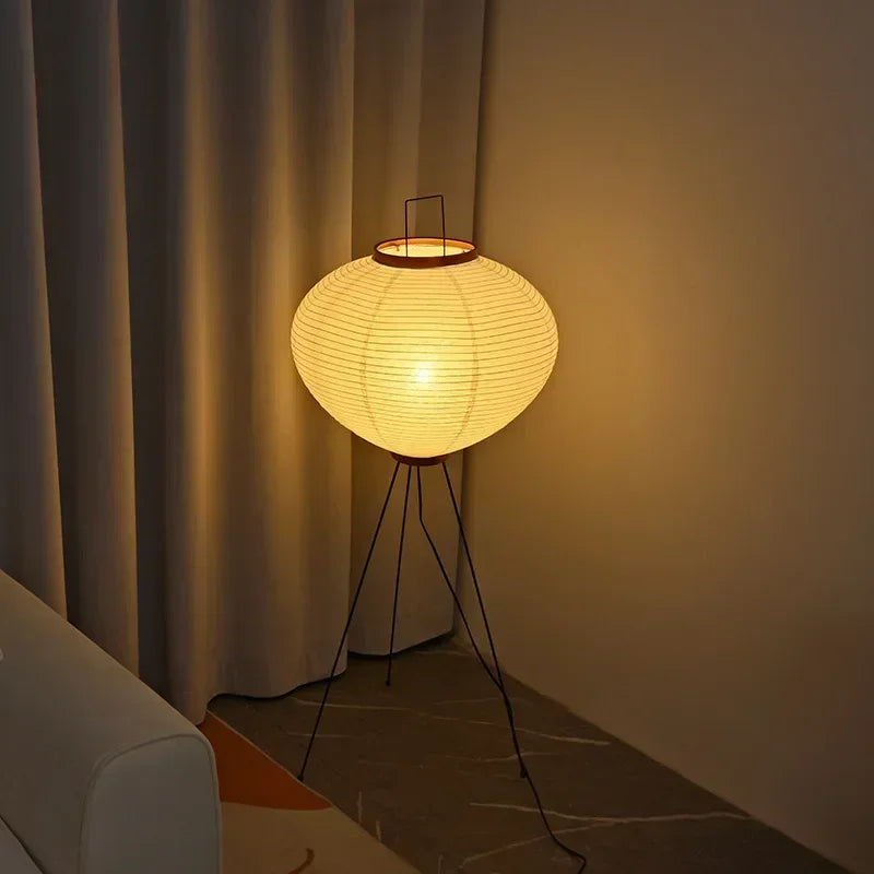 Japanese Rice Paper Tripod Floor Lamp Wabi Sabi Lantern
