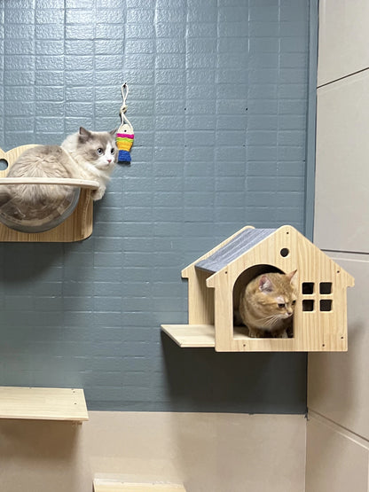 Wall-Mounted Cat Climbing Shelf Set with Cozy House Bed
