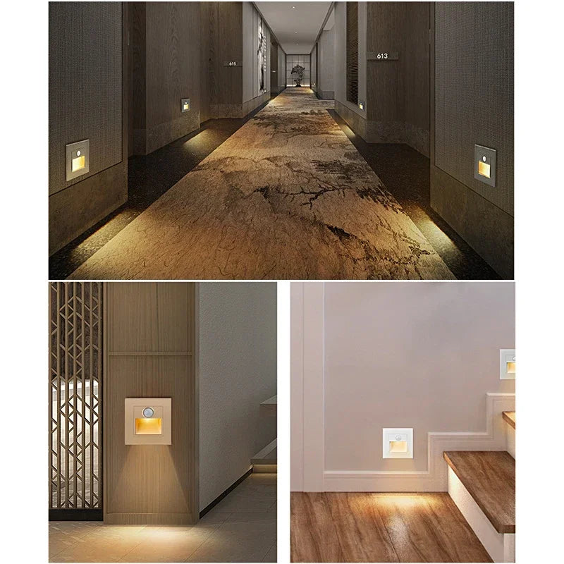 Recessed LED Step Light with PIR Motion Sensor — Indoor Stair & Hallway Wall Night Light