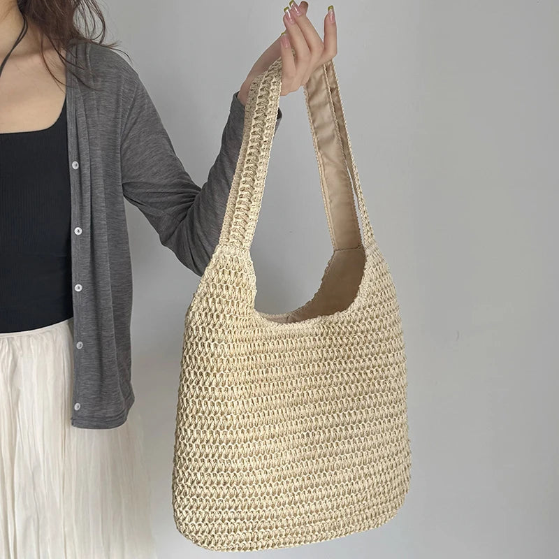 Large Woven Rattan Shoulder Bag — Roomy Straw Summer Handbag for Women