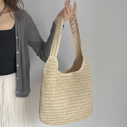Large Woven Rattan Shoulder Bag — Roomy Straw Summer Handbag for Women