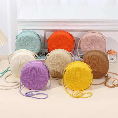 Round Woven Straw Travel Bag — Handmade Rattan Shoulder Bag for Women