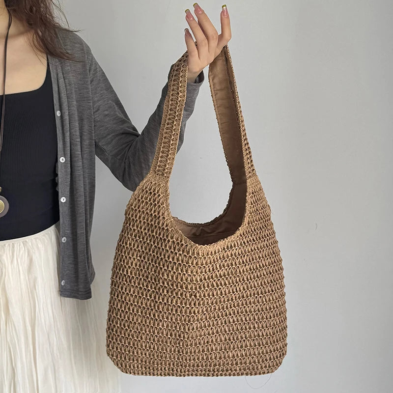 Large Woven Rattan Shoulder Bag — Roomy Straw Summer Handbag for Women