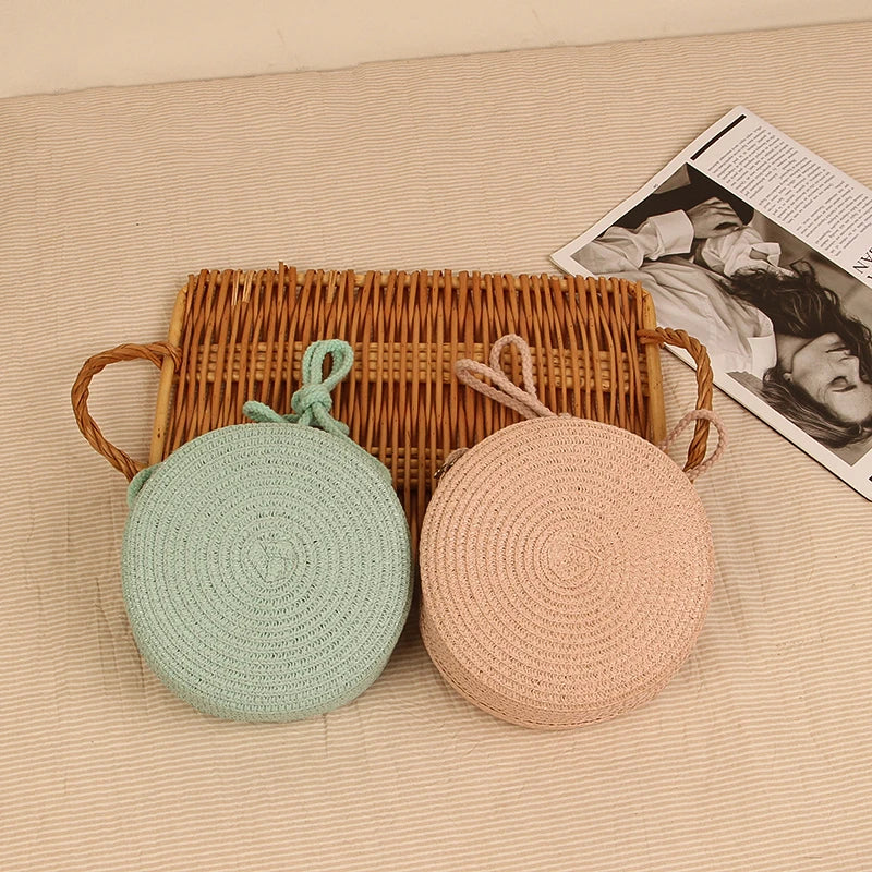 Woven Straw Round Beach Bag — Handmade Rattan Crossbody Shoulder Bag for Women
