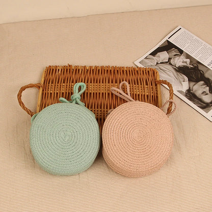 Woven Straw Round Beach Bag — Handmade Rattan Crossbody Shoulder Bag for Women