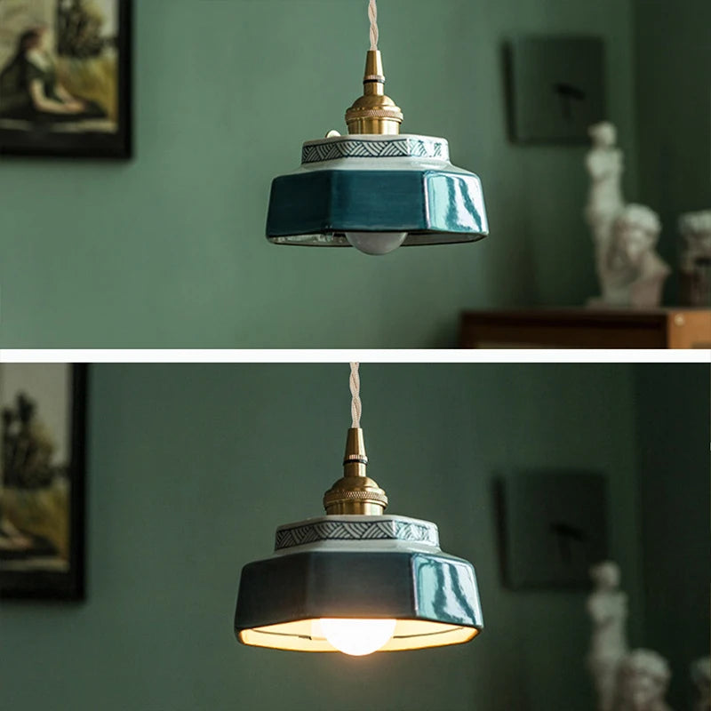 Retro Ceramic Pendant Light with Hand-Painted Trim