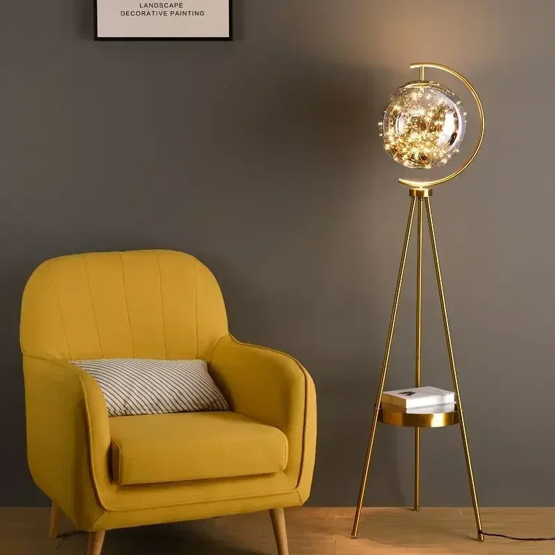 Gold Tripod Floor Lamp with Starry Glass Globe and Tray